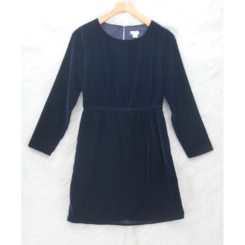 J Crew Mini Dress Womens Size 2 Navy Blue Velvet Tulip Long Sleeve Crew Neck